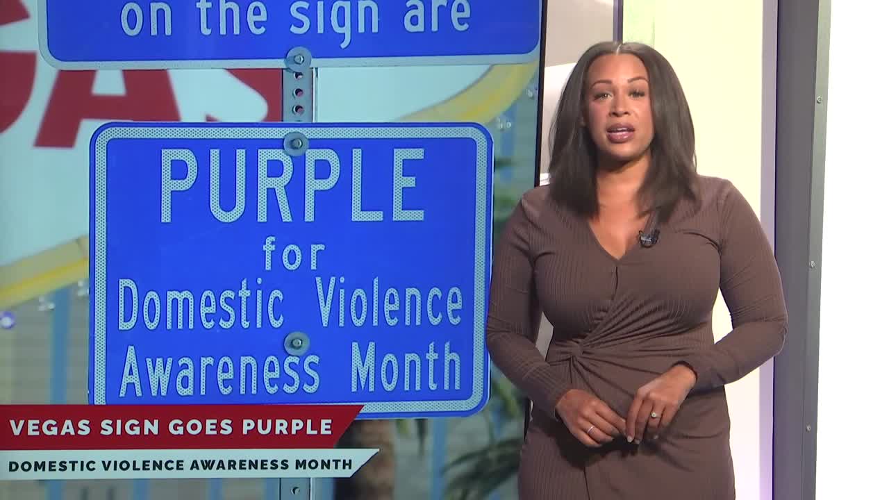 Las Vegas sign turns purple for Domestic Violence Awareness month