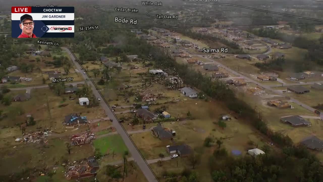 Bob Mills Skynews 9 Overhead Tornado-Damaged Homes In Choctaw