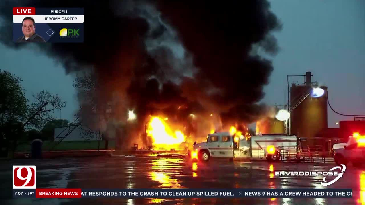 Firefighters battle tank battery fire in Purcell