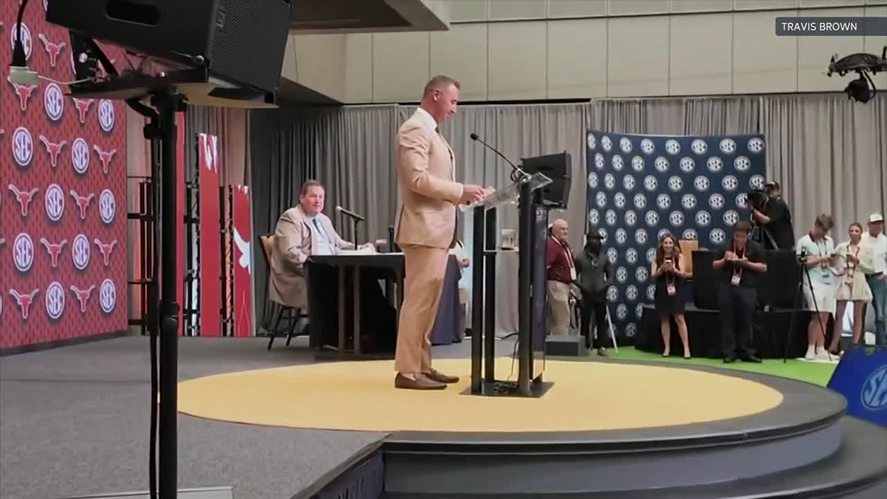 Watch:  Texas Coach Steve Sarkisian Takes Stage to Wrong Fight Song