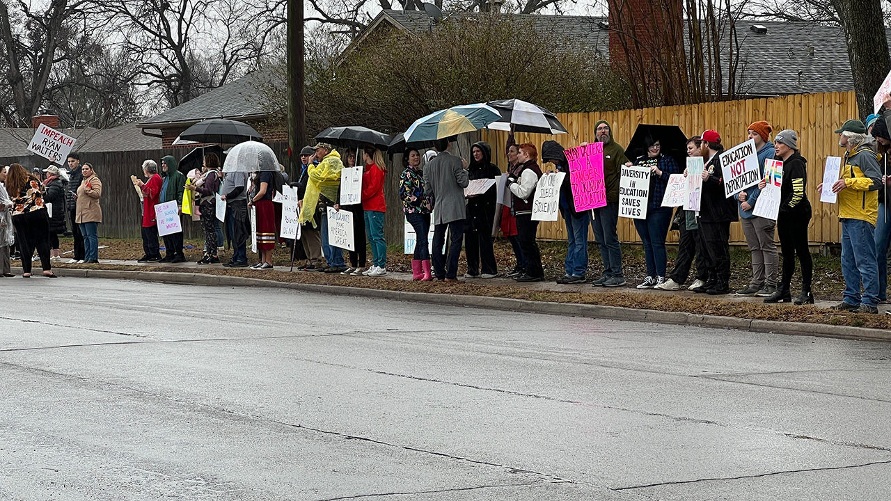 Protesters Gather As State Superintendent Ryan Walters Visits Carnegie Elementary in Tulsa