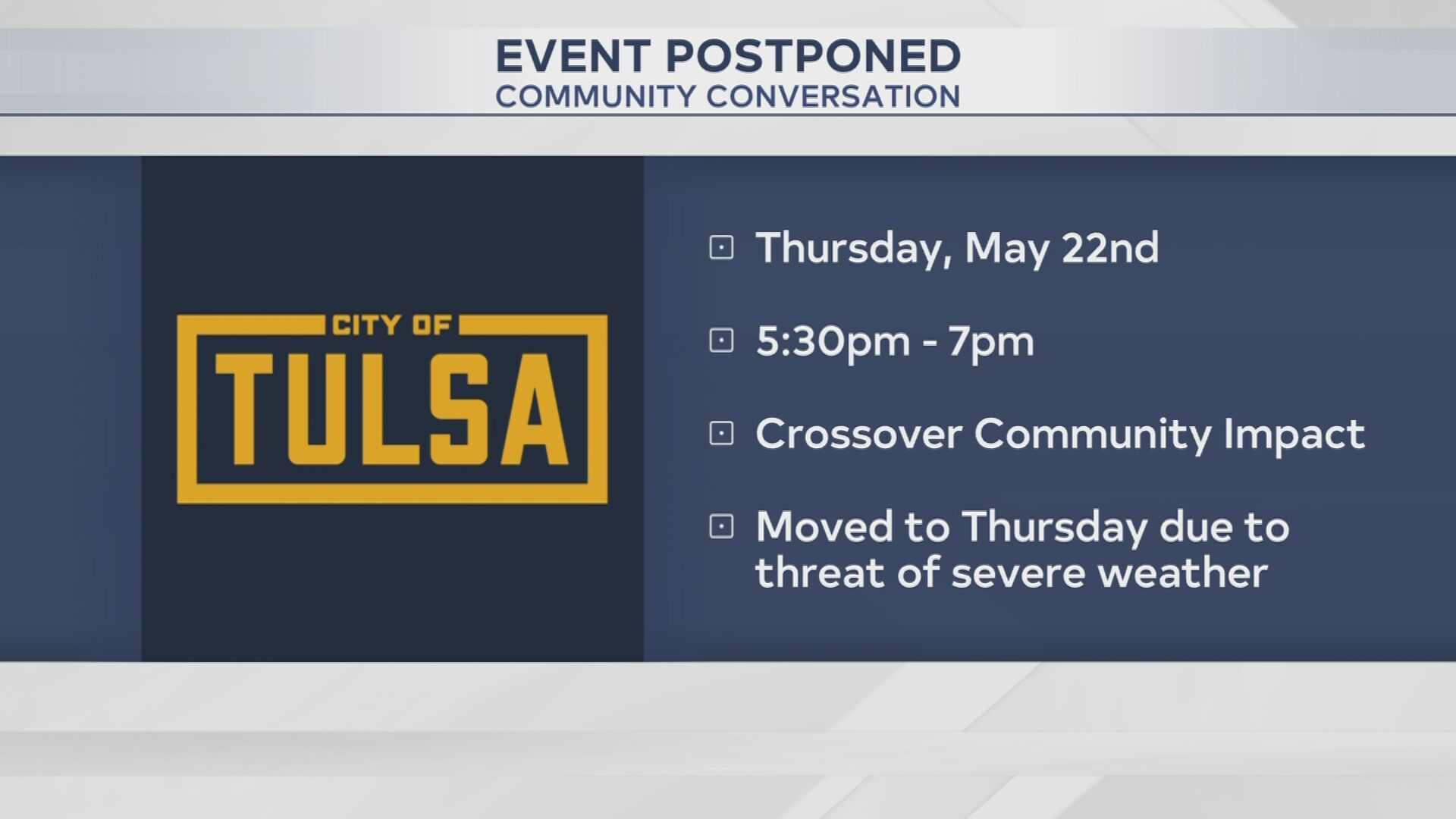 Tulsa Community Conversation rescheduled due to severe weather